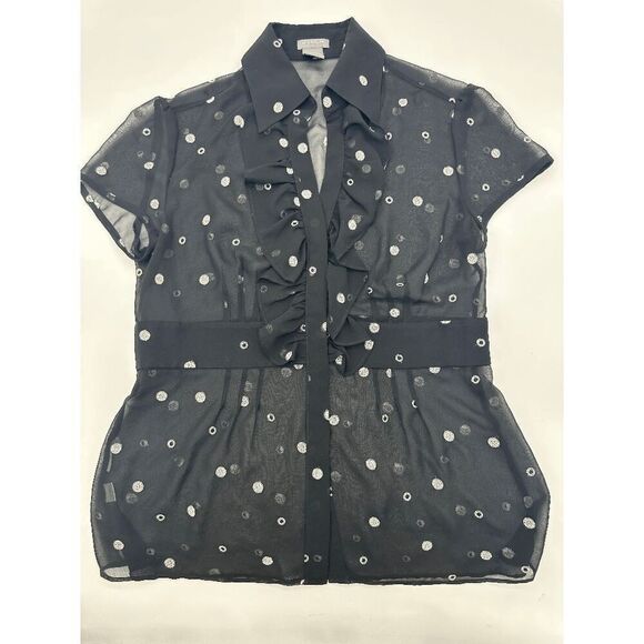 Ann Taylor Women’s Sheer Shirt Polka Dots Waist Accent & Ruffles Sz 2 B&W - Picture 3 of 7